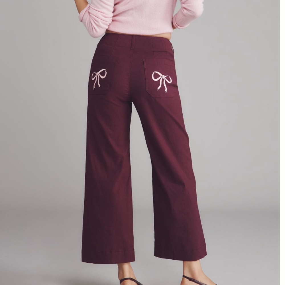 Anthropologie Colette Crop Wide-Leg Pants in Plum with Back Bow Embroidery